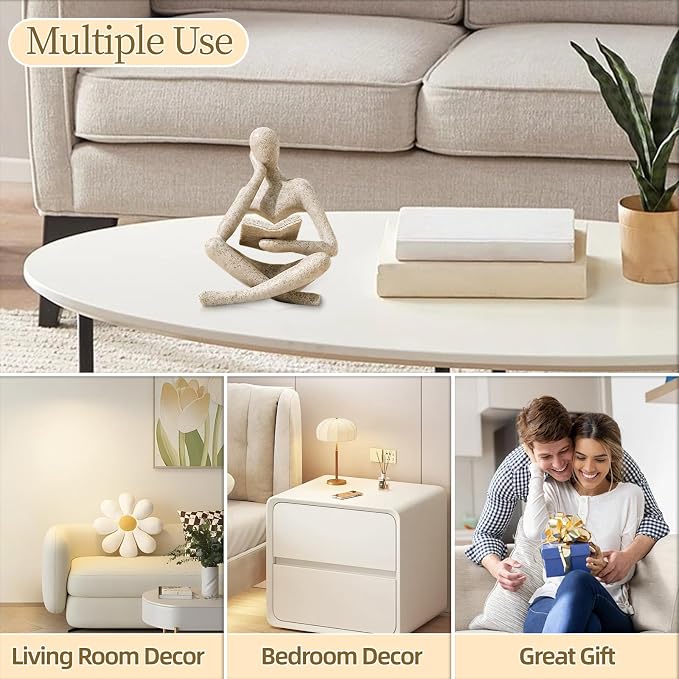 Beige reading statue styled on a coffee table
