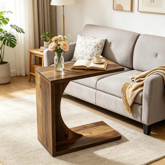 Side table styled with a book and flowers by a sofa