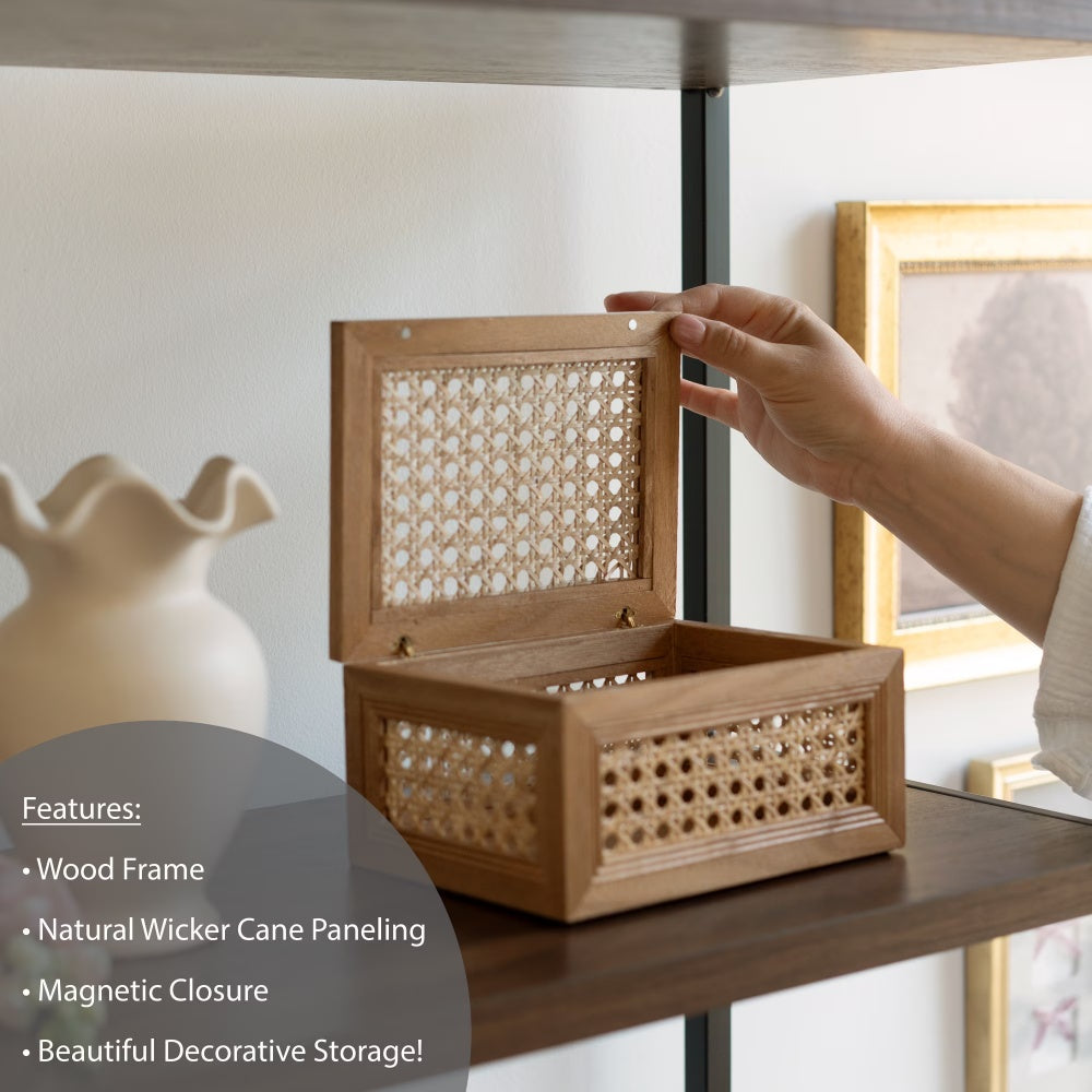 Hand lifting the lid of the rattan decorative box