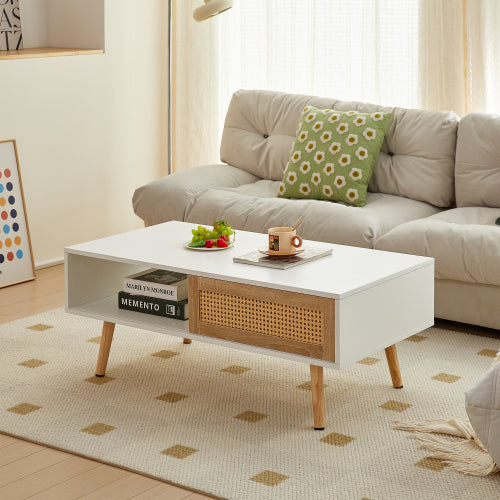 Rattan coffee table styled in a bright living room
