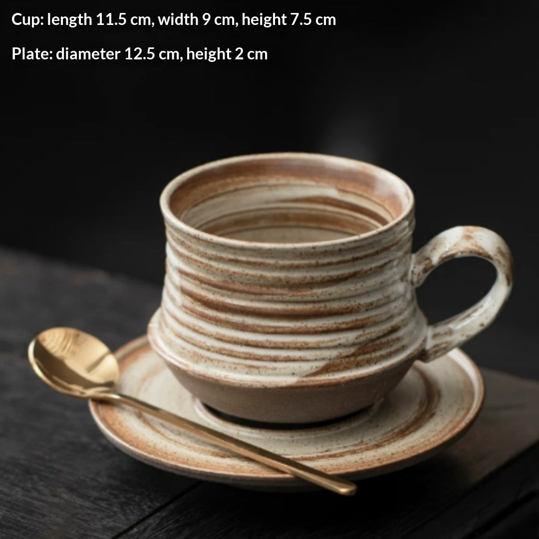 Brown and cream ceramic coffee cup and saucer with dimensions