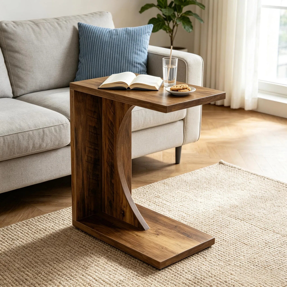 Side table beside a sofa with a book and plate