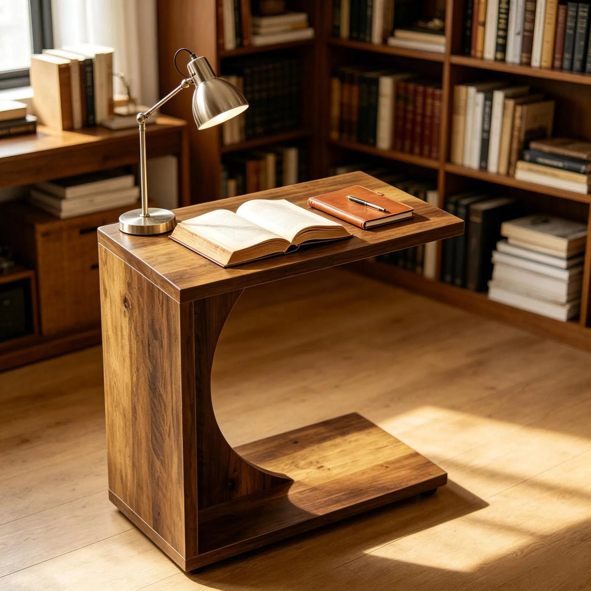 Side table in a home office with a lamp and books