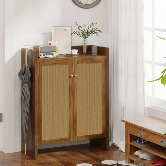 Natural-finish rattan shoe cabinet styled in an entryway