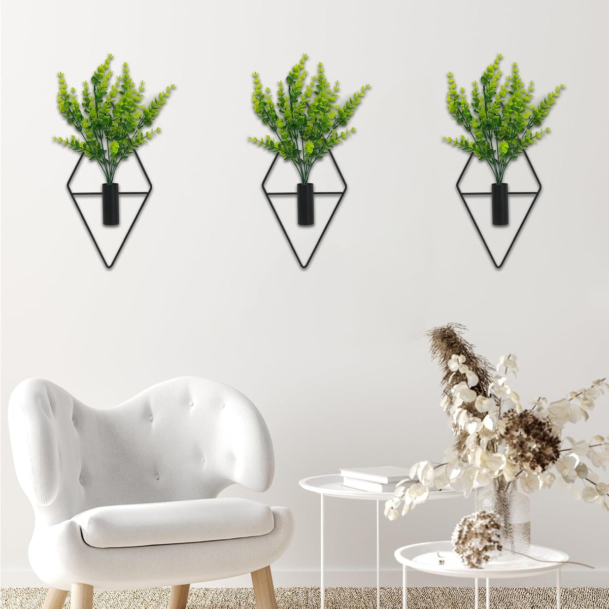 Geometric wall planters with greenery in a living room