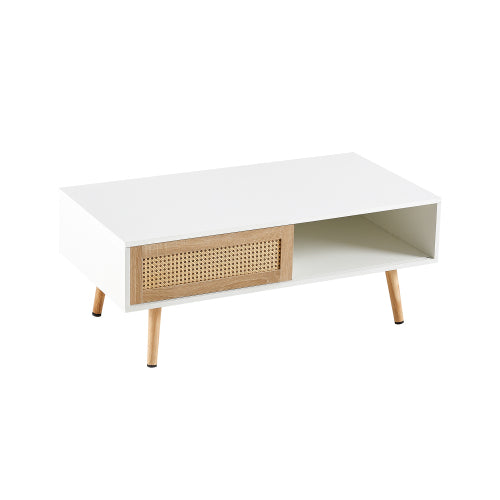 Front view of the white rattan coffee table