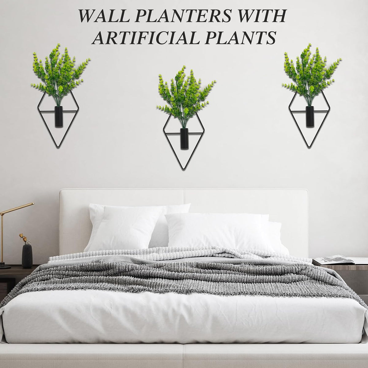 Set of 3 artificial eucalyptus wall planters on a wall