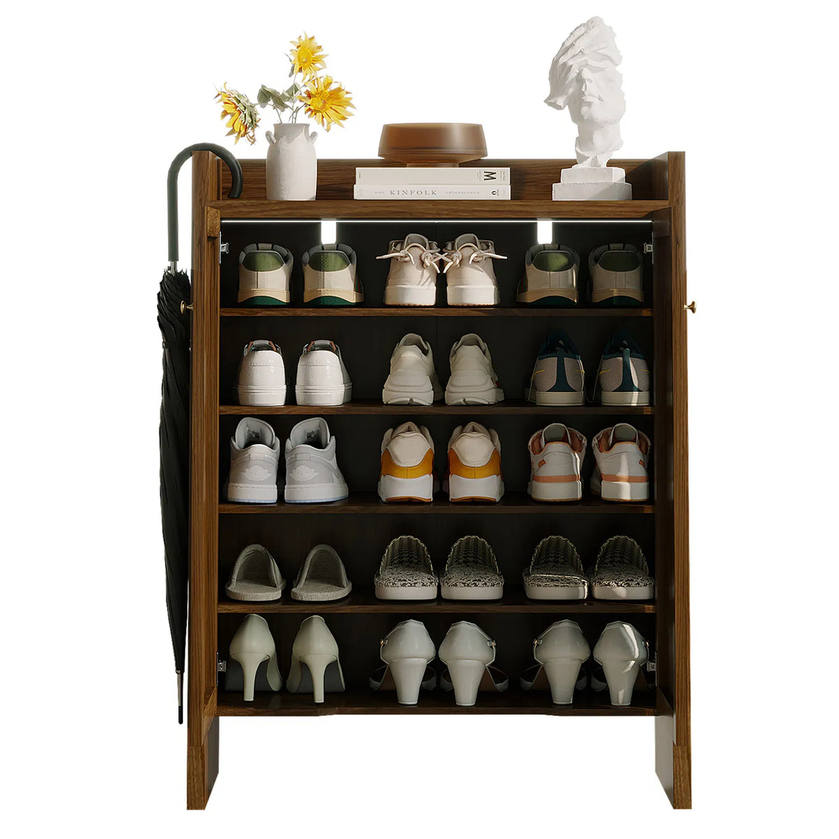 Interior of the shoe cabinet with adjustable shelves holding shoes