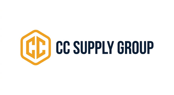 CC Supply Group logo featuring a yellow-orange hexagonal emblem with a white 'CC' inside and dark navy blue text reading 'CC SUPPLY GROUP' on a plain white background.