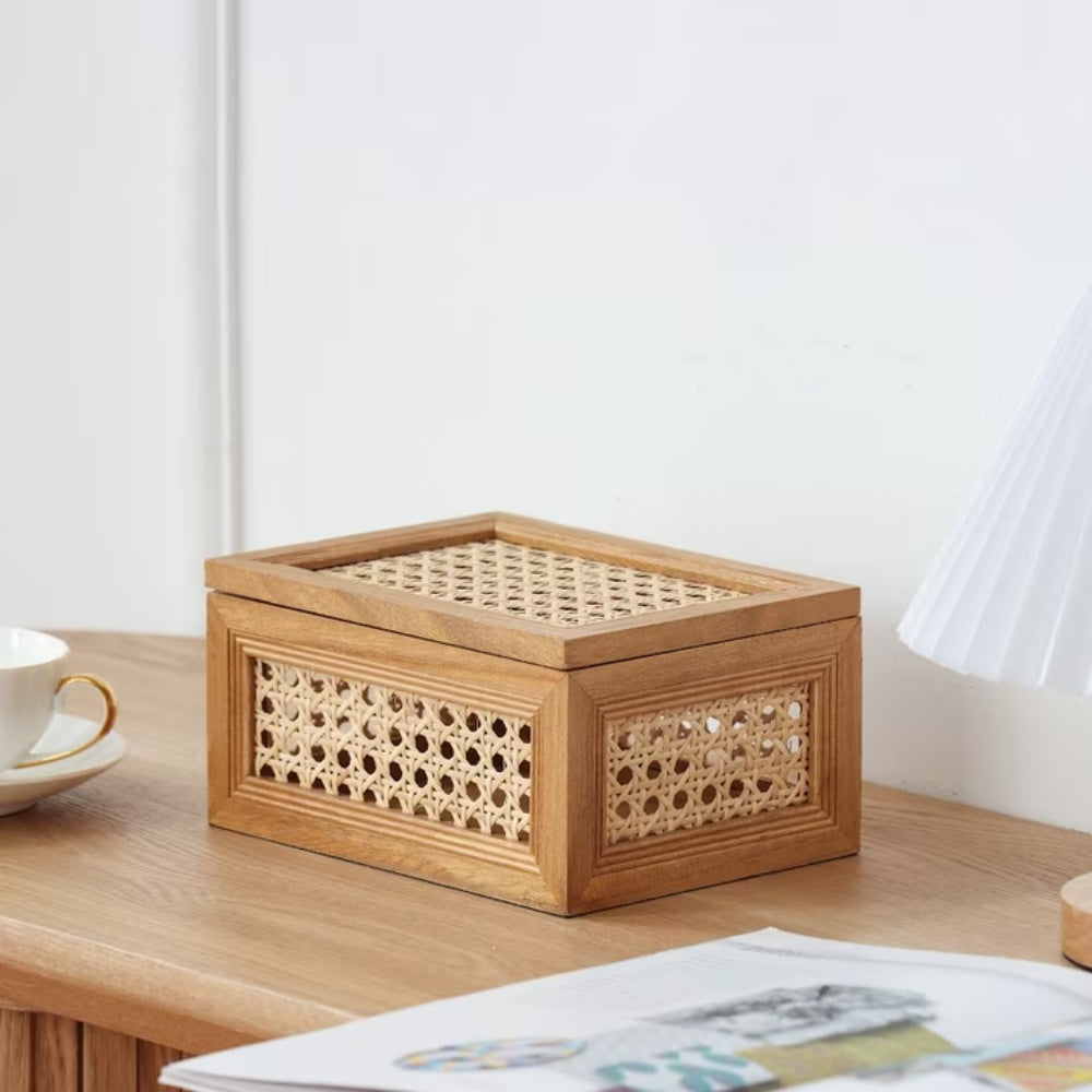 Rattan and wood decorative box on a table