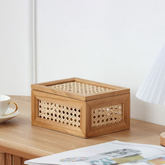 Rattan and wood decorative box on a table